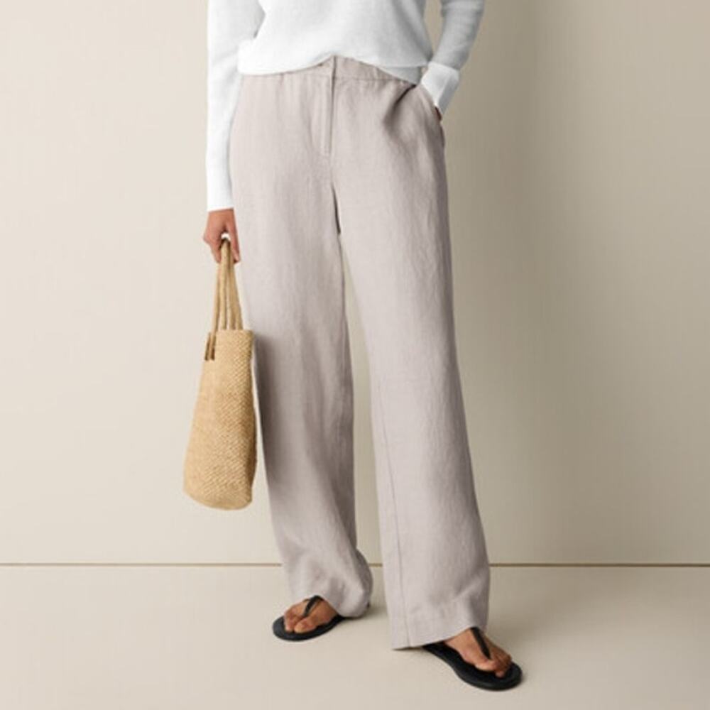 Eileen Fisher Wheat Beige Organic Linen Full Length Straight Wide Leg Trousers